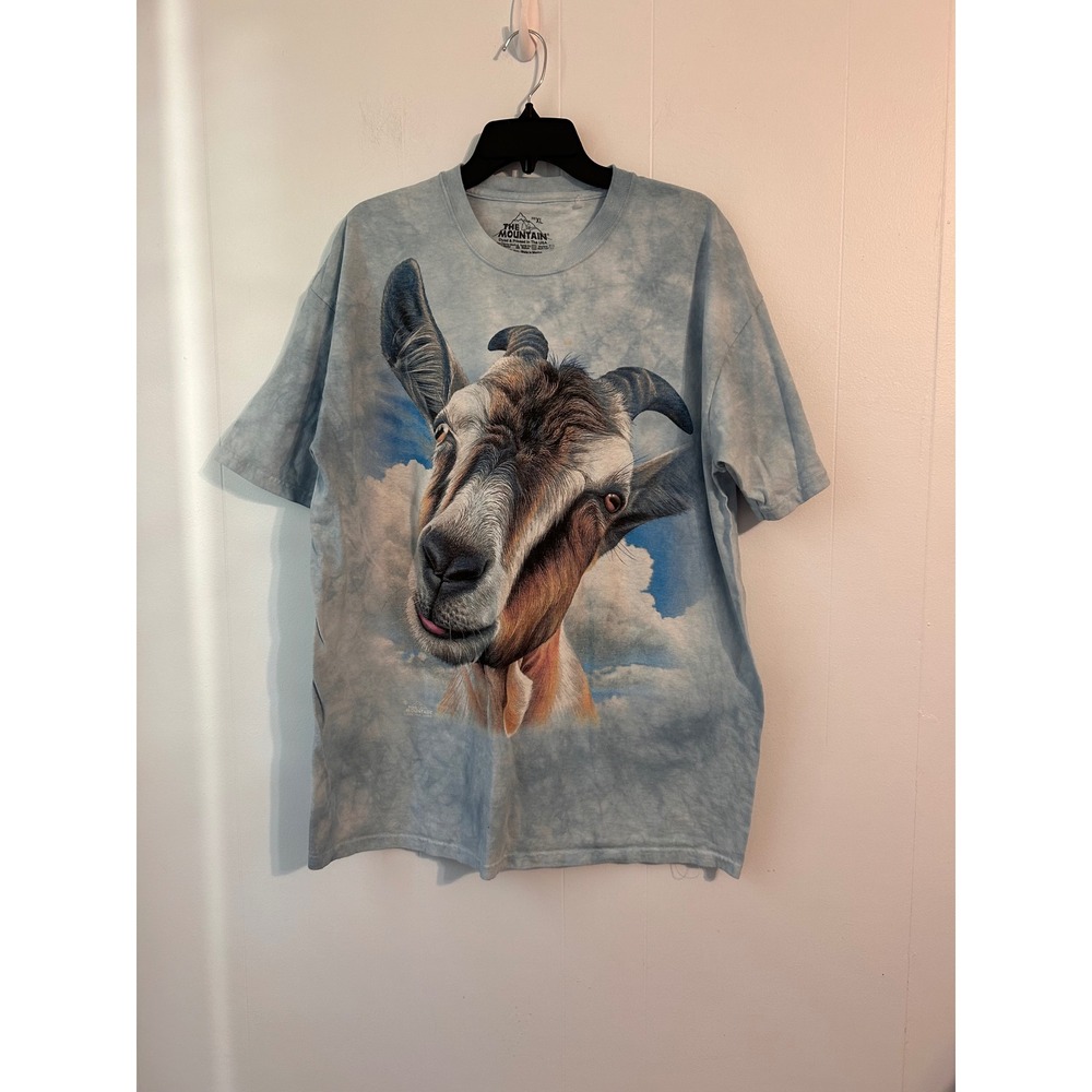 The Mountain Goat Graphic T-Shirt Blue Tie Dye Cloud Print Mens XL Short Sleeve